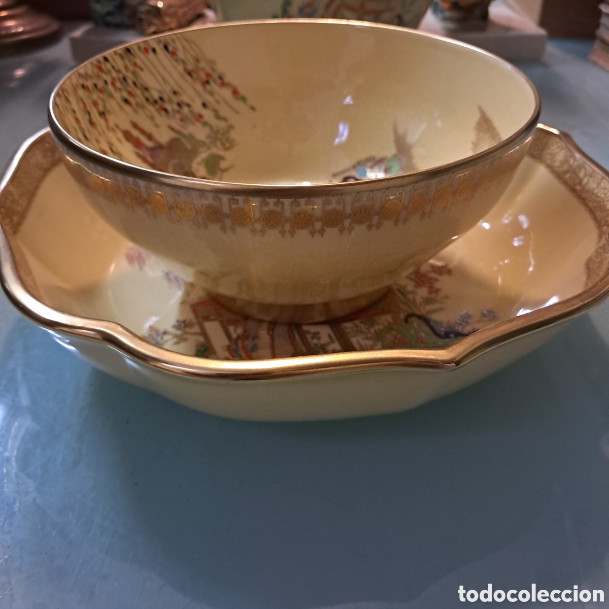 Antig&uuml;edades: Cuenco y plato japon&eacute;s, esmaltado y dorado, marca Carlton trade, England