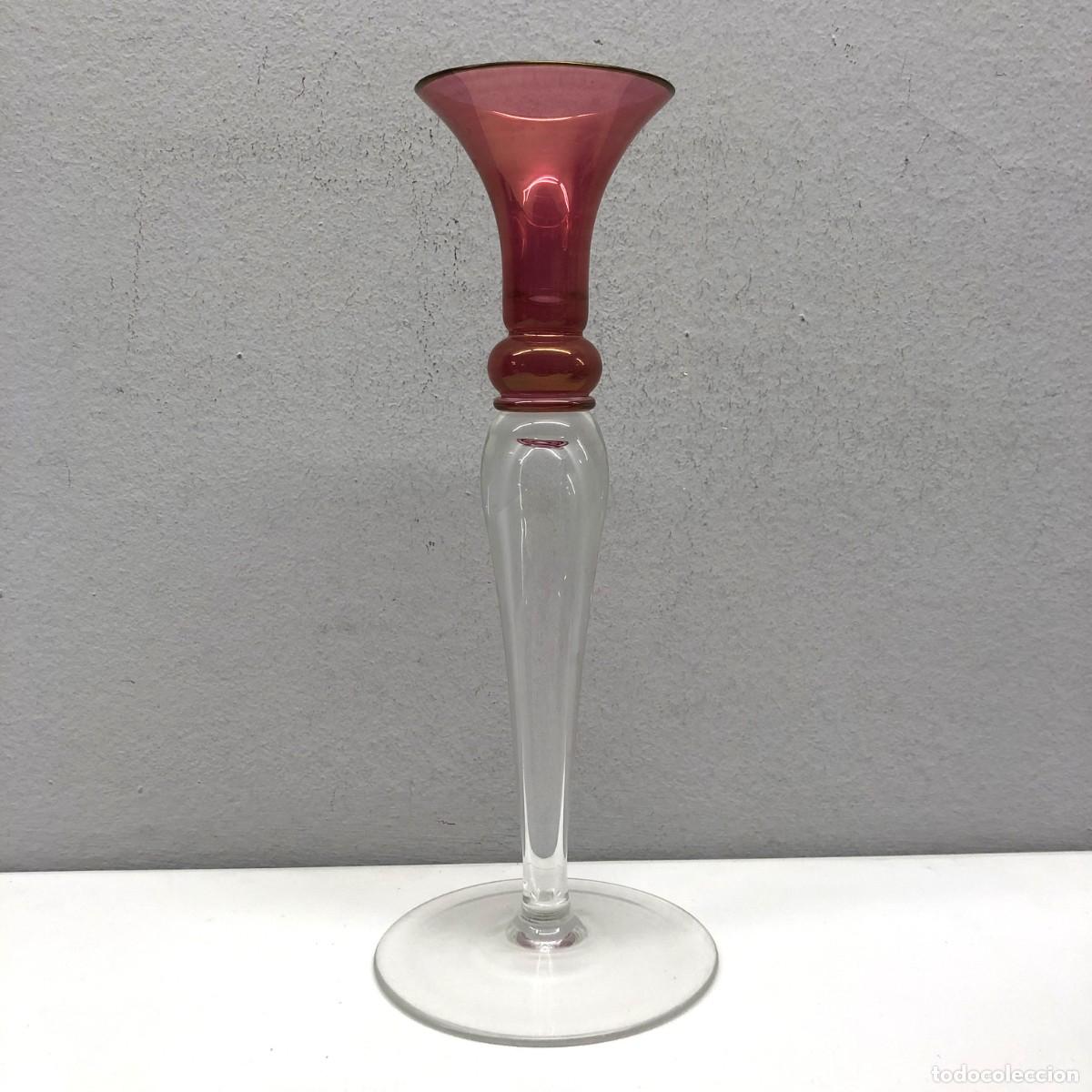 Antig&uuml;edades: PRECIOSO CANDELABRO DE CRISTAL BICOLOR - ROSA - DISE&Ntilde;O - A&Ntilde;OS 50-60 - 29 X 12 X 12 CM