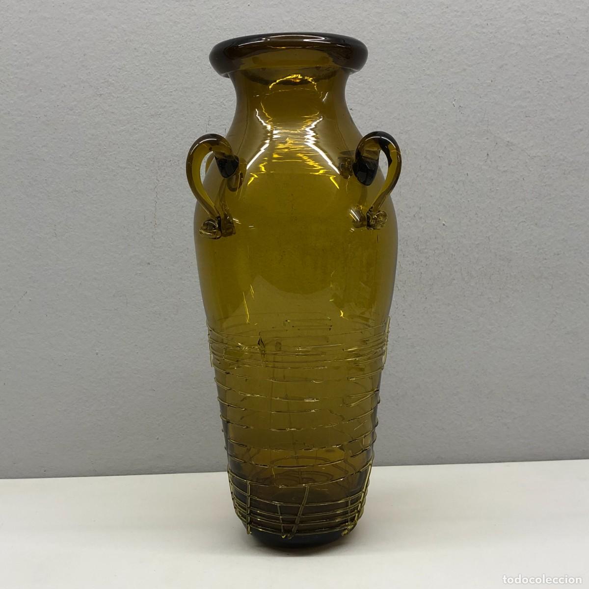 Antig&uuml;edades: JARRA PARA ACEITE EN CRISTAL MALLORQU&Iacute;N DE COLOR AMARILLO/VERDE ACEITUNA - 36 X 18 X 18 CM