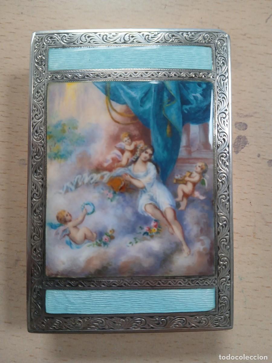 Antig&uuml;edades: Caja plata con esmalte pintado a mano