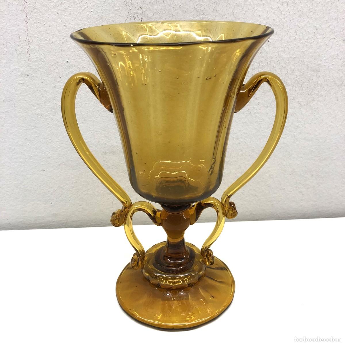 Antig&uuml;edades: PRECIOSA COPA - CENTRO DE MESA EN CRISTAL MALLORQU&Iacute;N - AMARILLO - 25 X 19 X 15 CM - RARA PIEZA