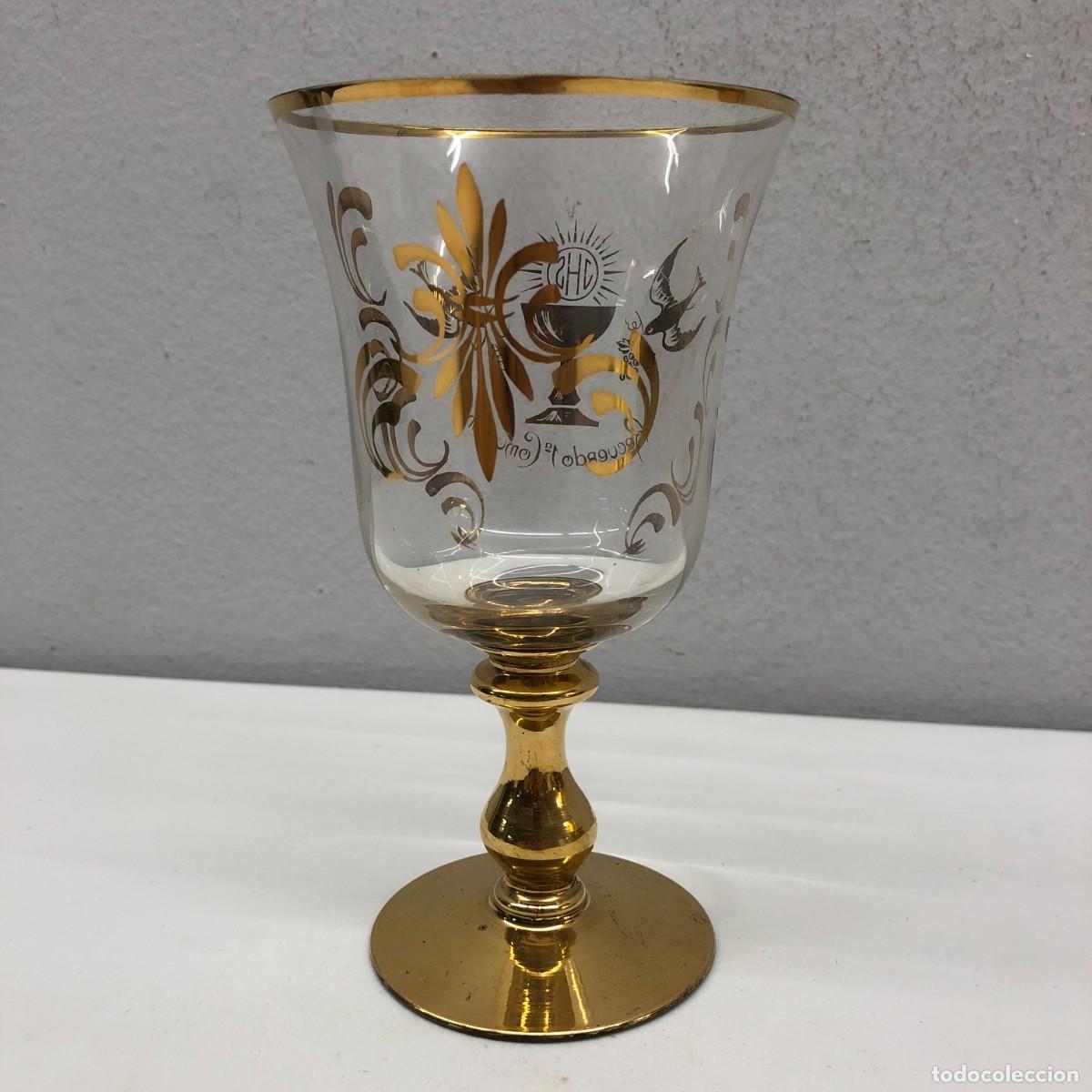 Antig&uuml;edades: PRECIOSO CALIZ - COPA - RECUERDO PRIMERA COMUNI&Oacute;N - PINTADO EN ORO - PIEZA DE COLECCION - 17 X 9,5