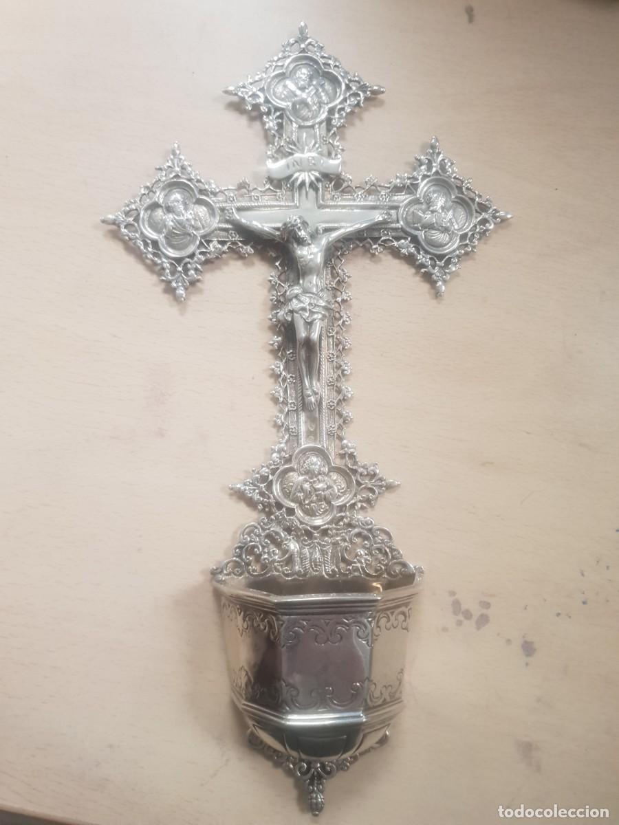 Antig&uuml;edades: Benditera plata ley crucifijo con ap&oacute;stoles