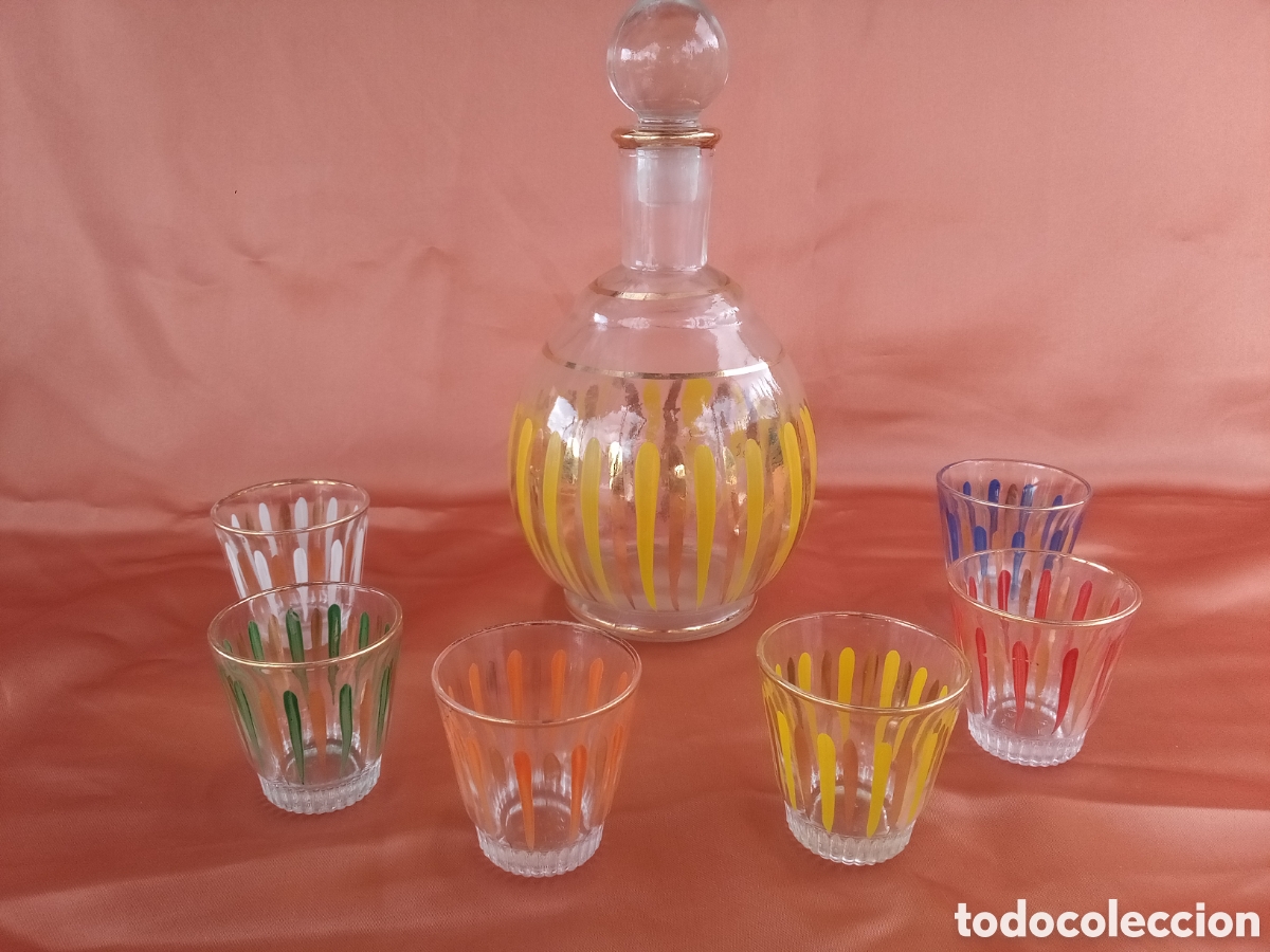 Antig&uuml;edades: JUEGO LICOR BOTELLA Y VASOS - LICORERA CRISTAL ELSA