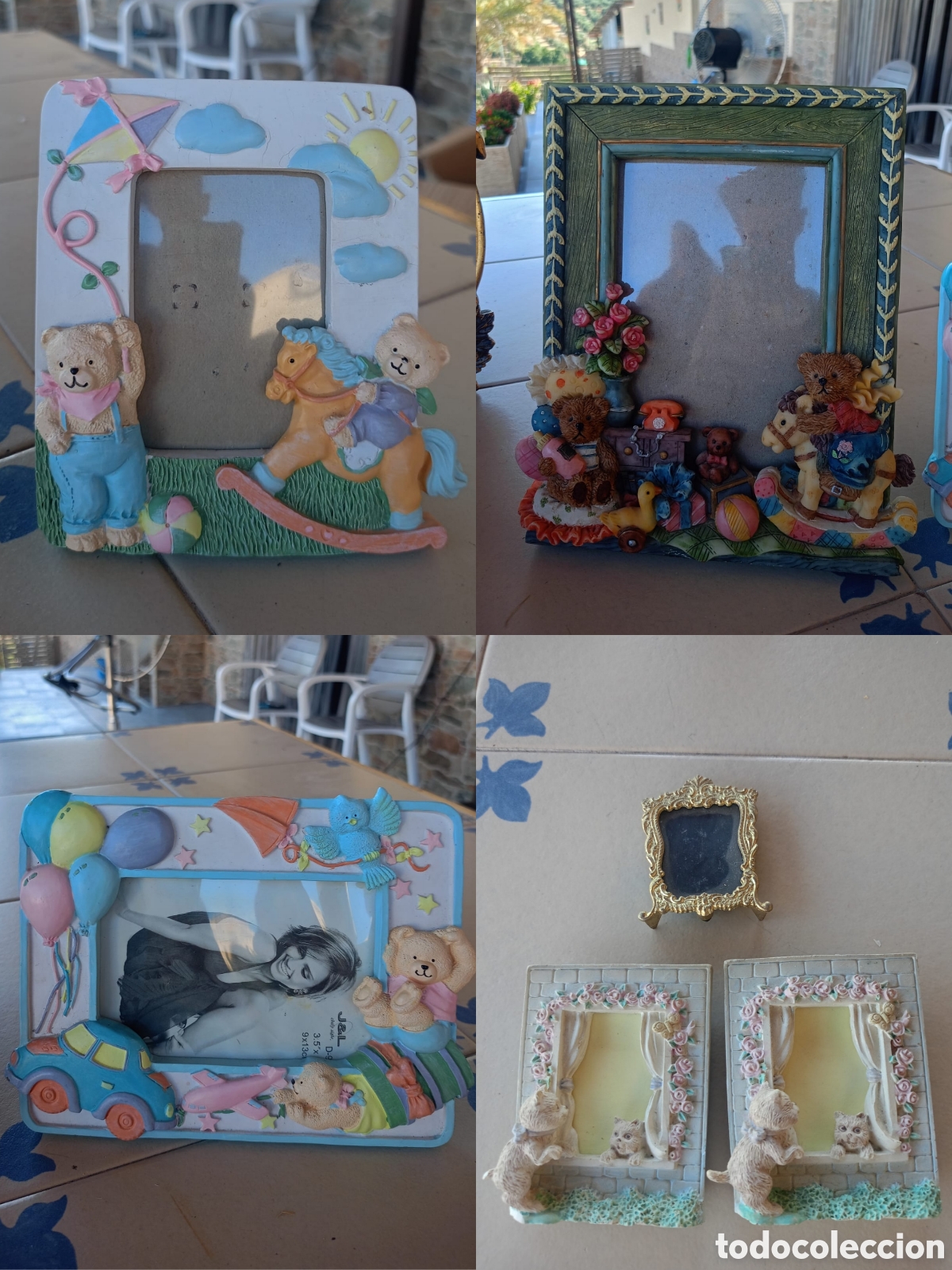 Antig&uuml;edades: Lote 5 Marcos / Portafotos Vintage de Resina (Ositos, Gatos y Dorado)