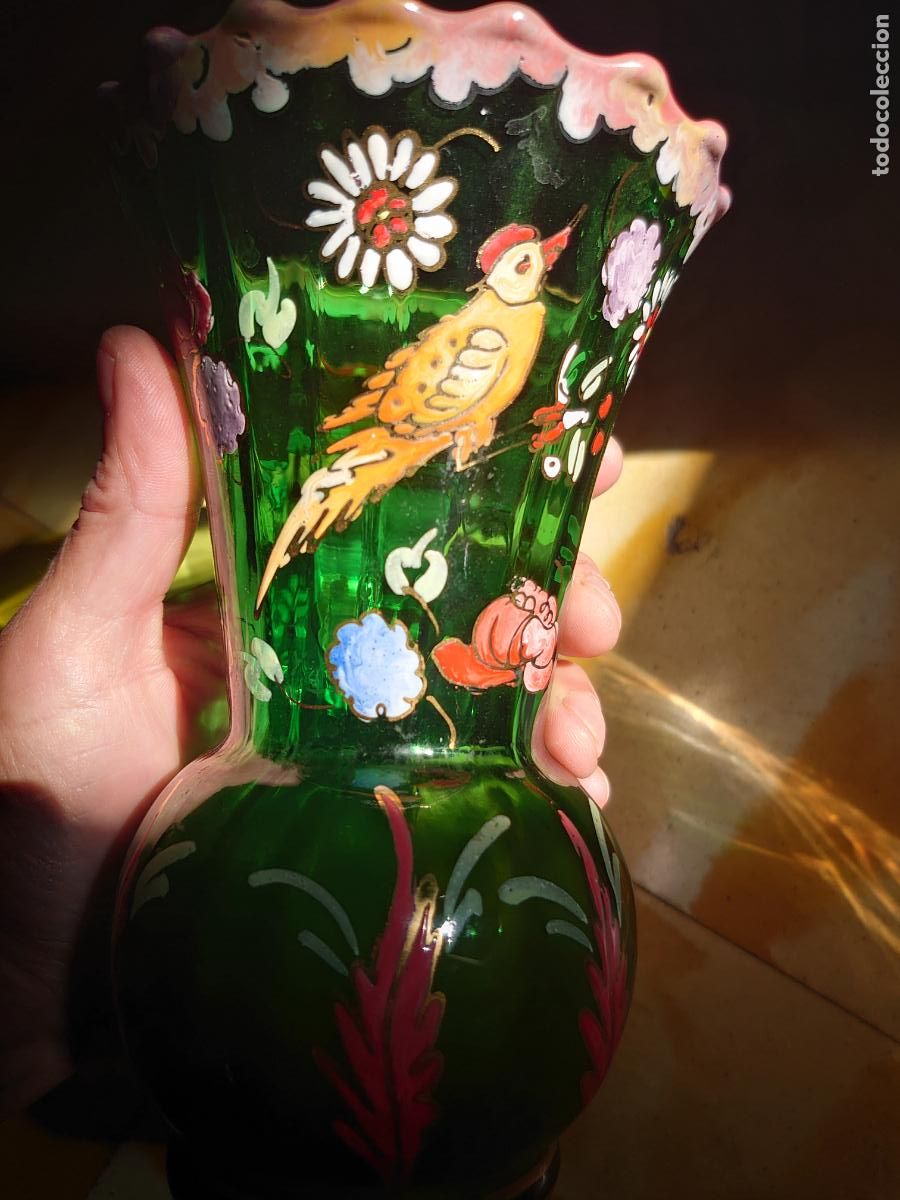 Antig&uuml;edades: JARR&Oacute;N DE CRISTAL VERDE ESMALTADO Y PINTADO A MANO. FIRMADO ROYO