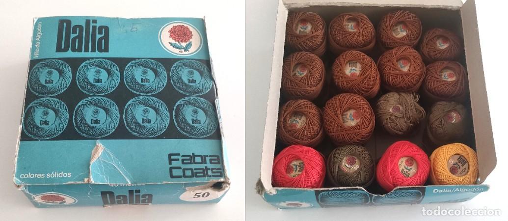 Antig&uuml;edades: Antigua caja con 32 ovillos de hilo de algod&oacute;n marca Dalia (1). Fabra Coats
