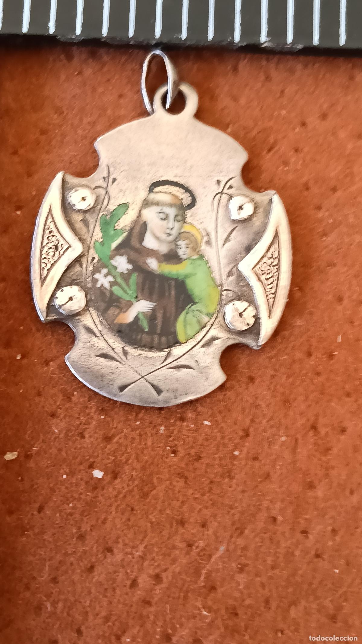 Antig&uuml;edades: ANTIGUA MEDALLA RELIGIOSA ESMALTADA SAN ANTONIO CON NI&Ntilde;O JESUS, MINIATURA