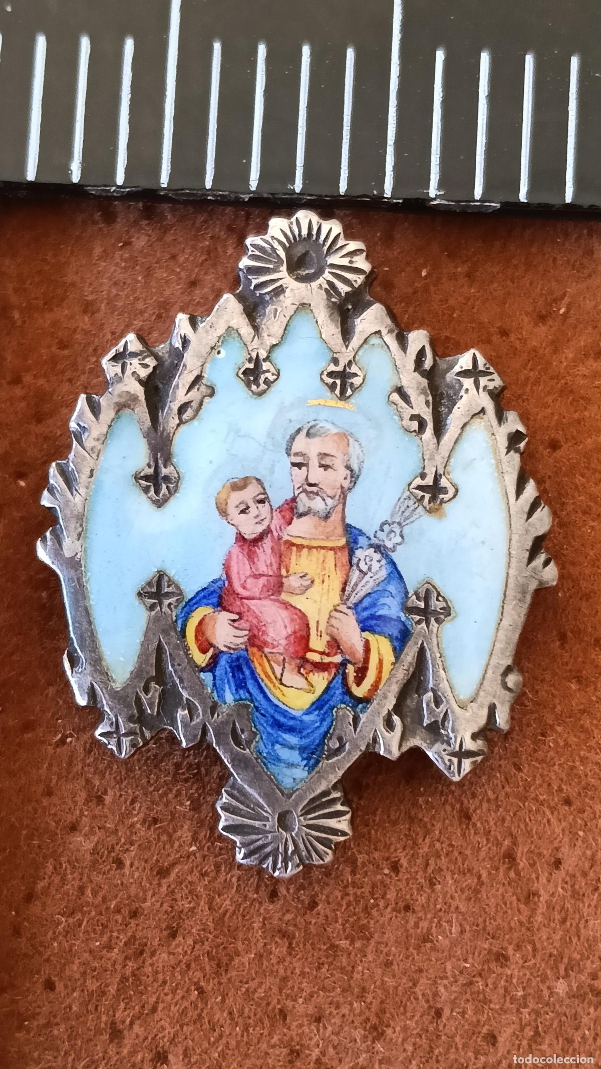 Antig&uuml;edades: ANTIGUA MEDALLA DE LIGA RELIGIOSA ESMALTADA SAN JOSE CON NI&Ntilde;O JESUS, MINIATURA
