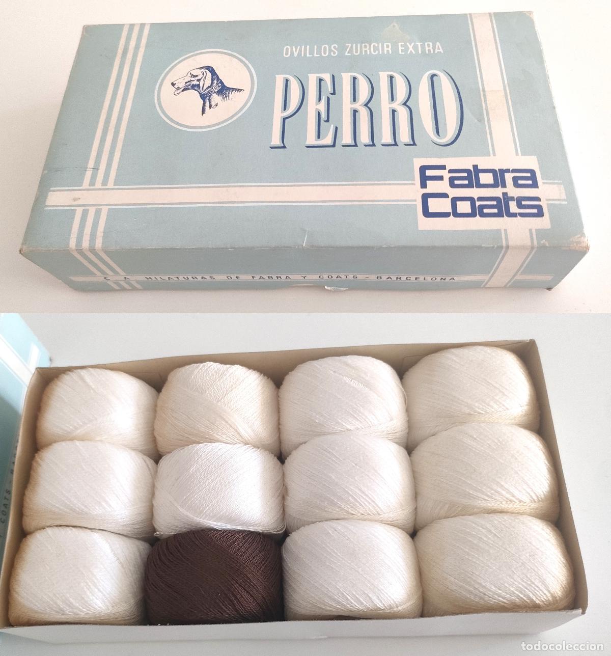 Antiquit&eacute;s: Antigua caja con 12 ovillos de zurcir extra n&ordm;25 marca Perro. Fabra Coats