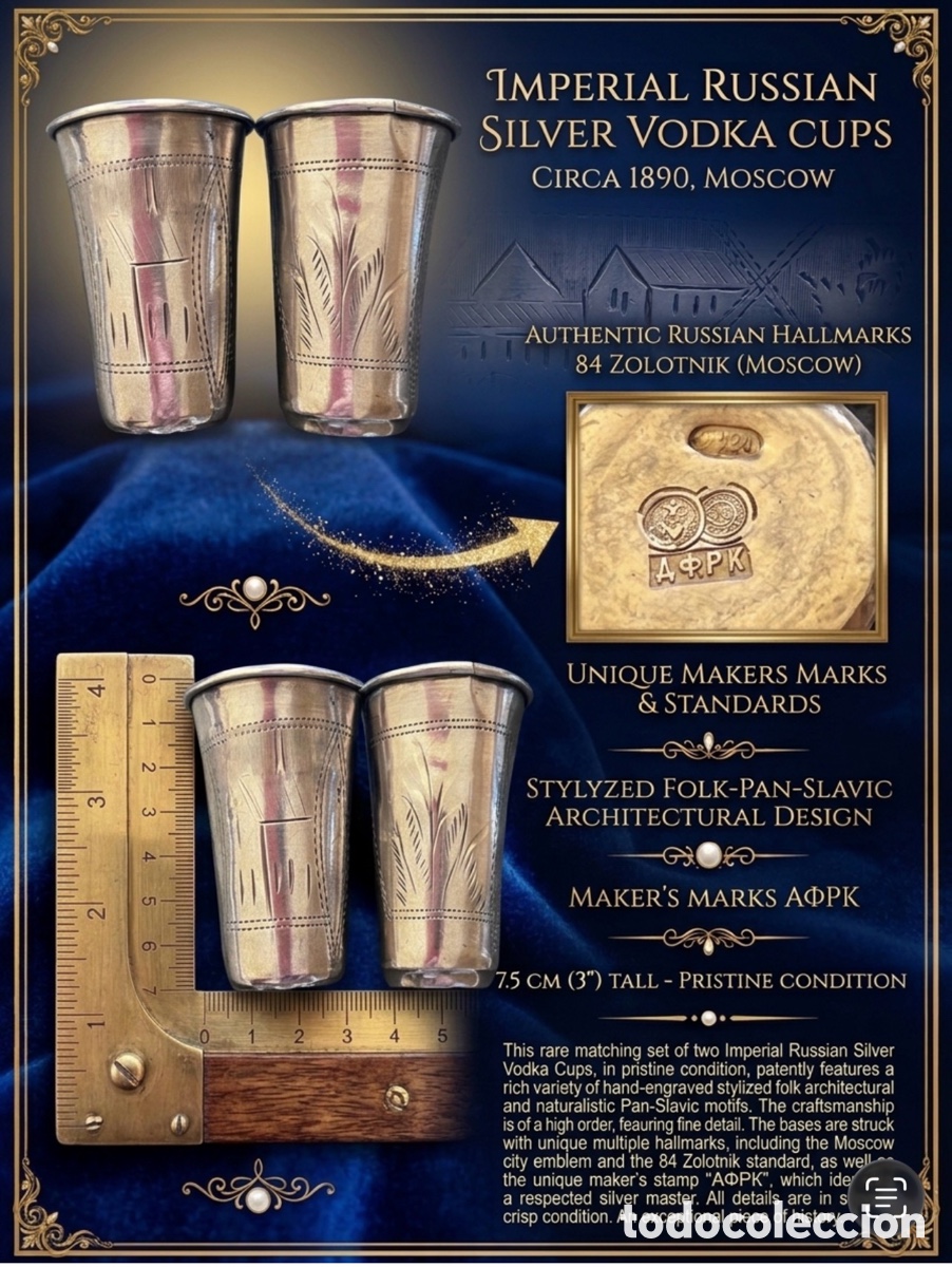 Antig&uuml;edades: Excepcional Par de Copitas Vodka Plata Imperial Rusa 1860s (Mosc&uacute;)