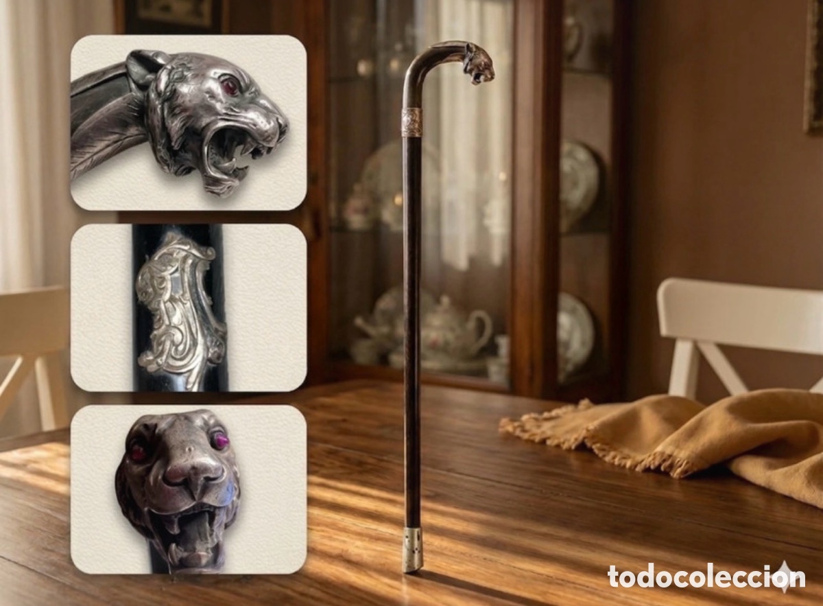Antig&uuml;edades: Bast&oacute;n de Colecci&oacute;n en &Eacute;bano &ndash; Cabeza de Pantera y Escena de Caza