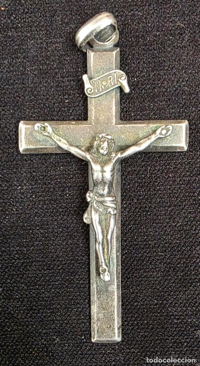 Antig&uuml;edades: Antigua Cruz Crucifijo de Plata con Cristo &ndash; Inscripci&oacute;n INRI y Dedicada &rdquo;10 Abril 1911&rdquo; &ndash; Colgante