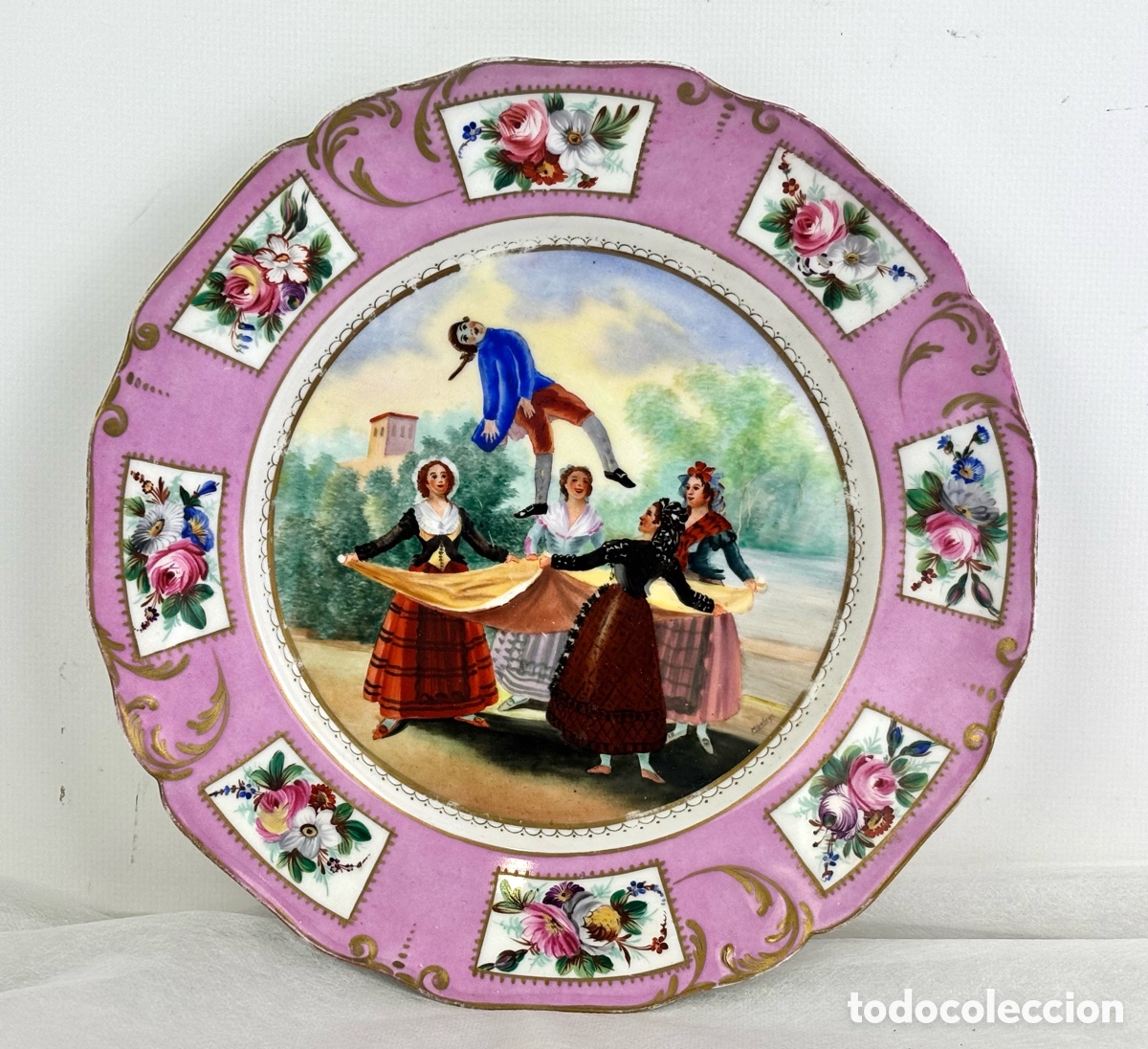 Antiquit&eacute;s: PLATO PINTADO - &ldquo;EL PELELE&rdquo; - GOYA - PORCELANA LIMOGES - FIRMADO M. GALLEGO