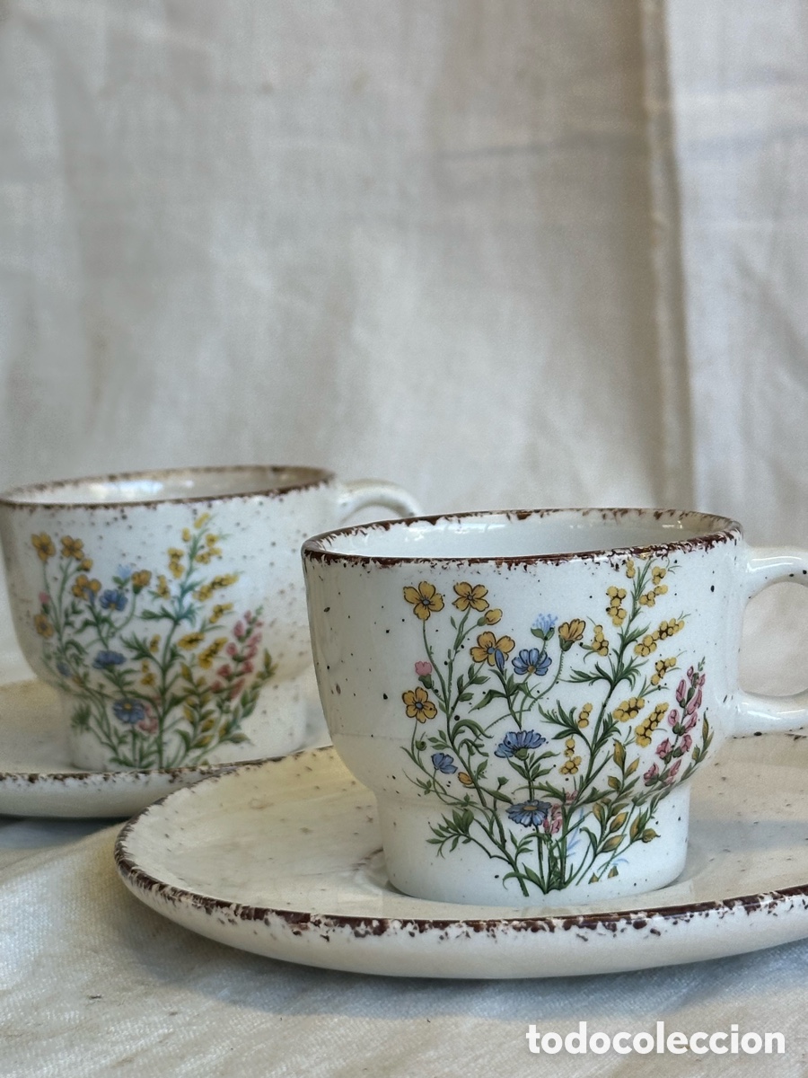 Antig&uuml;edades: Conjunto de 4 tazas con sus platos - Loza de Gil Vargas, Segovia. Motivos r&uacute;sticos florales pintados