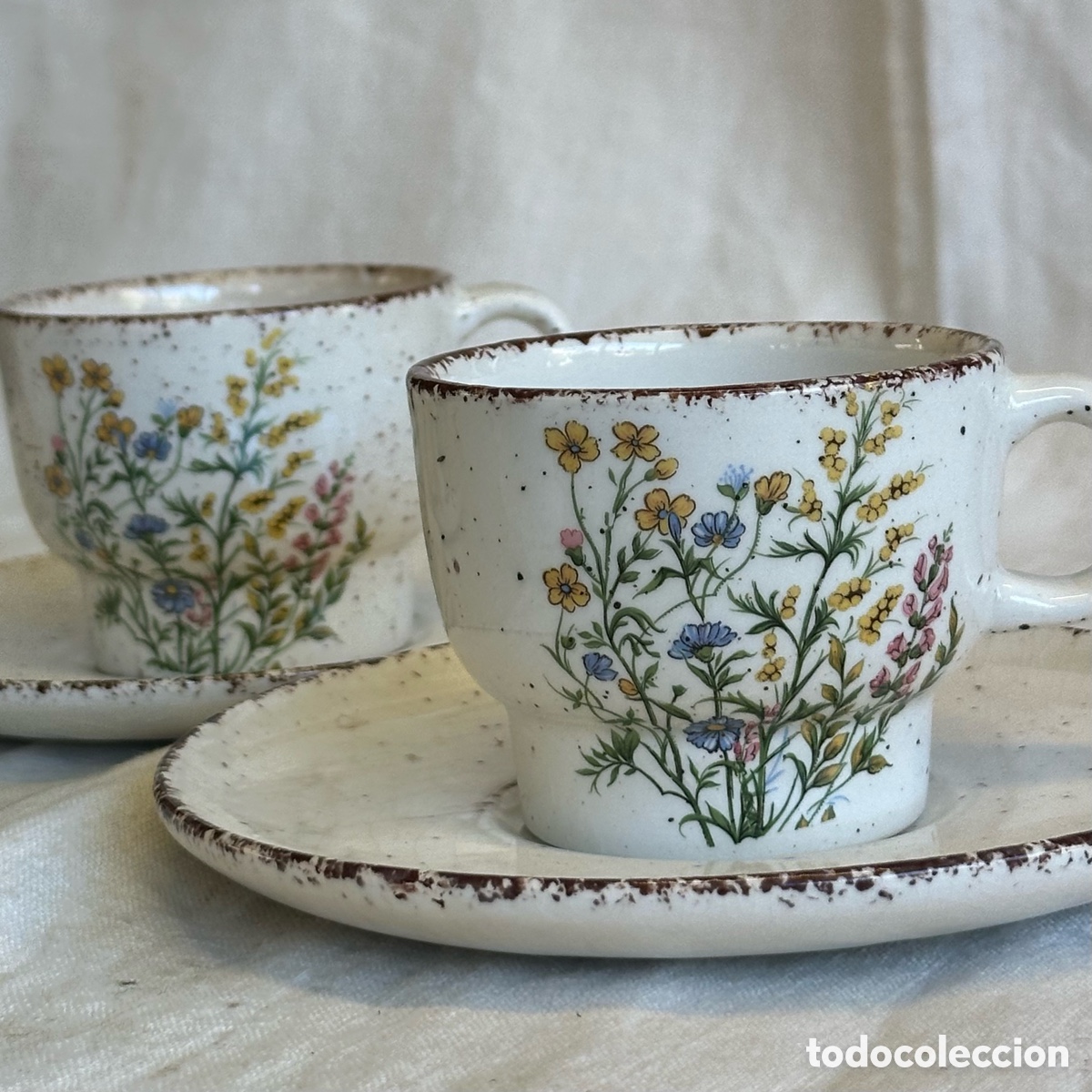 Antiquit&auml;ten: Conjunto de 4 tazas con sus platos - Loza de Gil Vargas, Segovia. Motivos r&uacute;sticos florales pintados