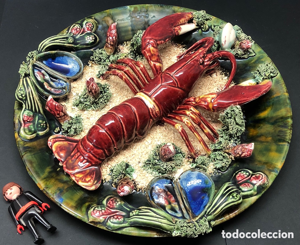 Antig&uuml;edades: 1930 &bull; Gran Plato de loza May&oacute;lica estilo Palissy &bull; 32 cm &bull; Caldas da Rainha
