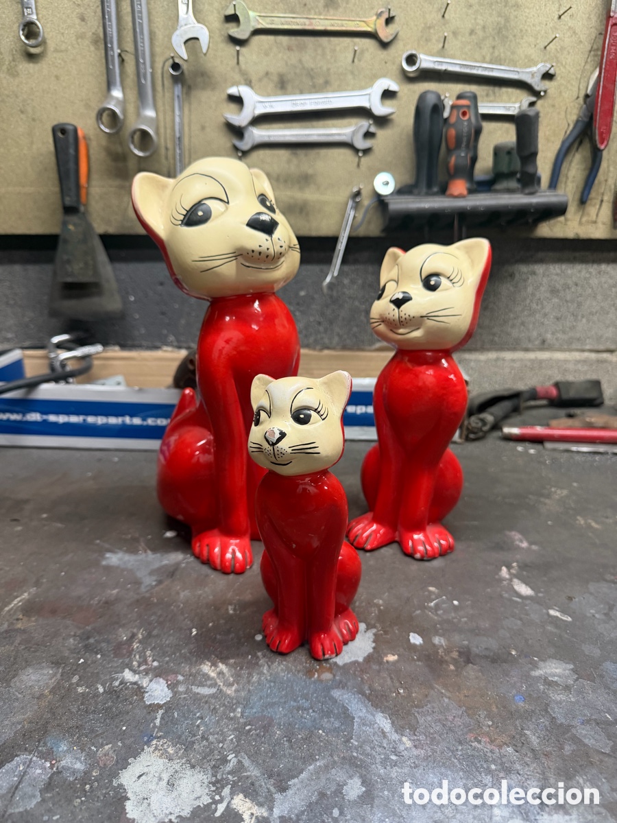 Antiguidades: Conjunto vintage de 3 gatos de cer&aacute;mica a&ntilde;os 60 70 &ndash; Familia de gatos retro