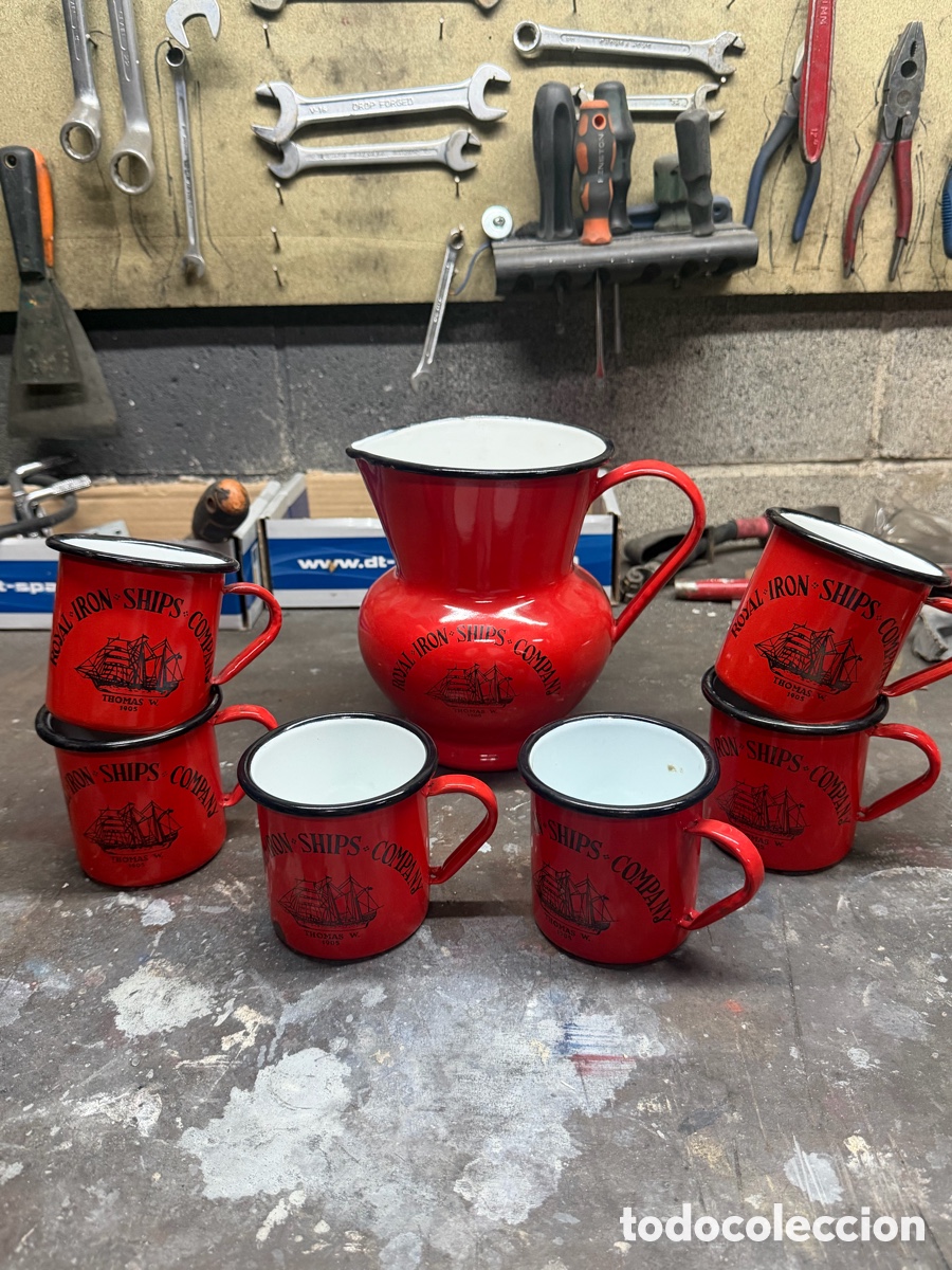 Antig&uuml;edades: Juego caf&eacute; tetera 6 tazas jarra esmaltadas Royal Iron Ships COMPANY thomas W 1905 Western
