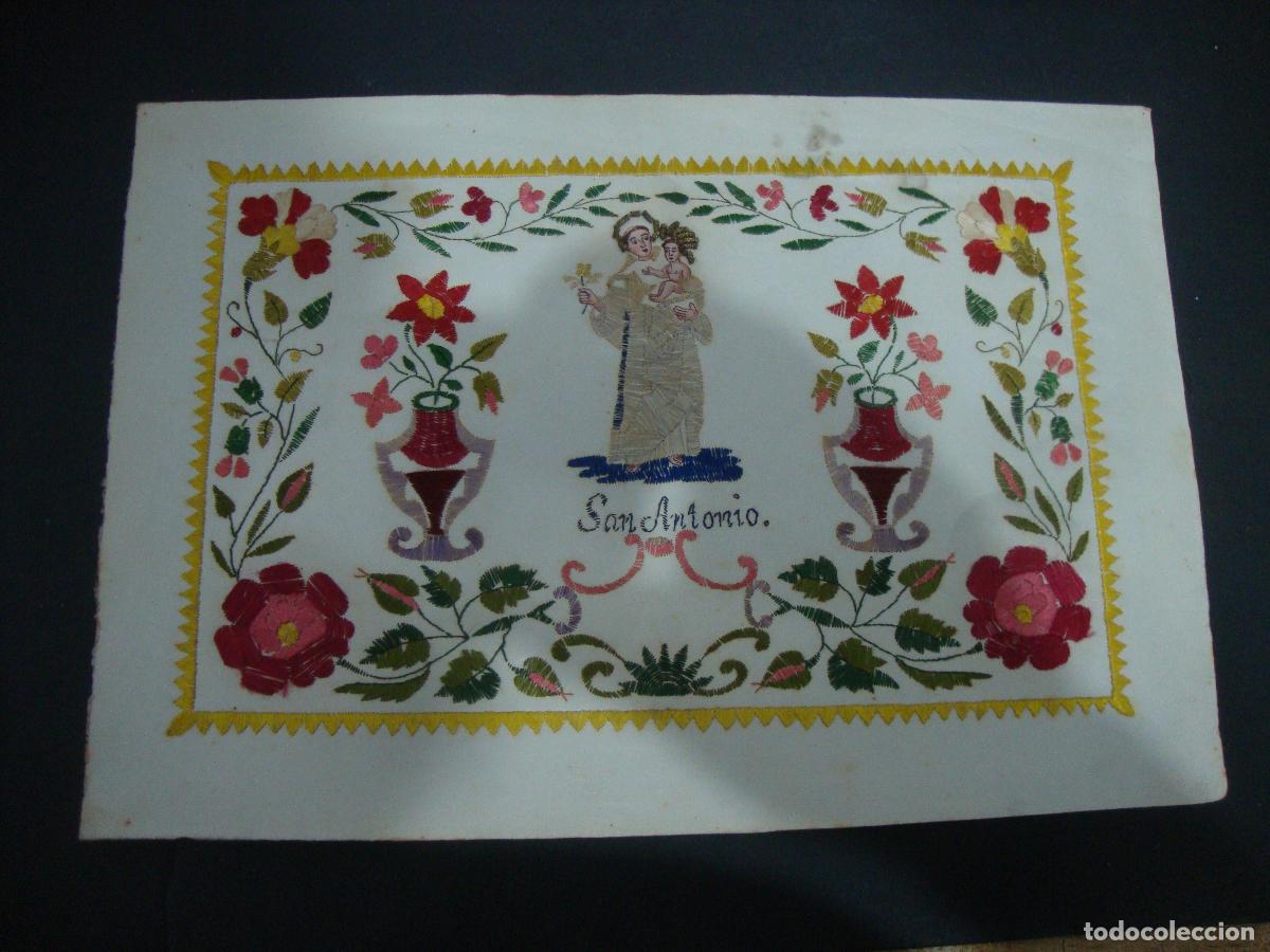 Antig&uuml;edades: BORDADO SOBRE PAPEL SAN ANTONIO Y DECORACION FLORAL S. XIX