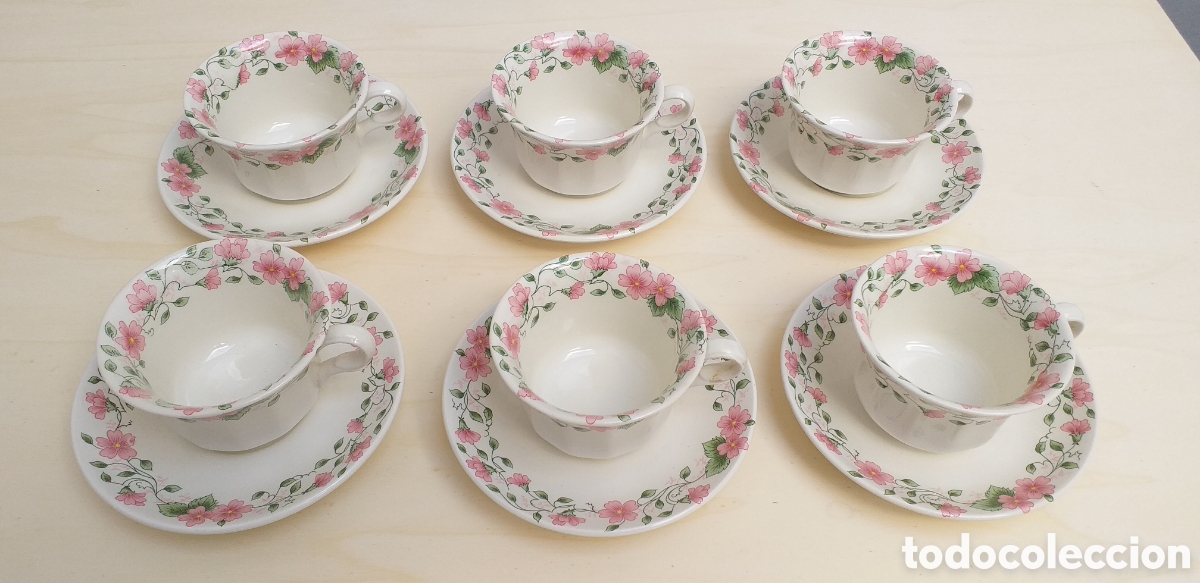 Antig&uuml;edades: Juego de 7 tazas y 6 platos. Flores rosas. La Cartuja Pickman