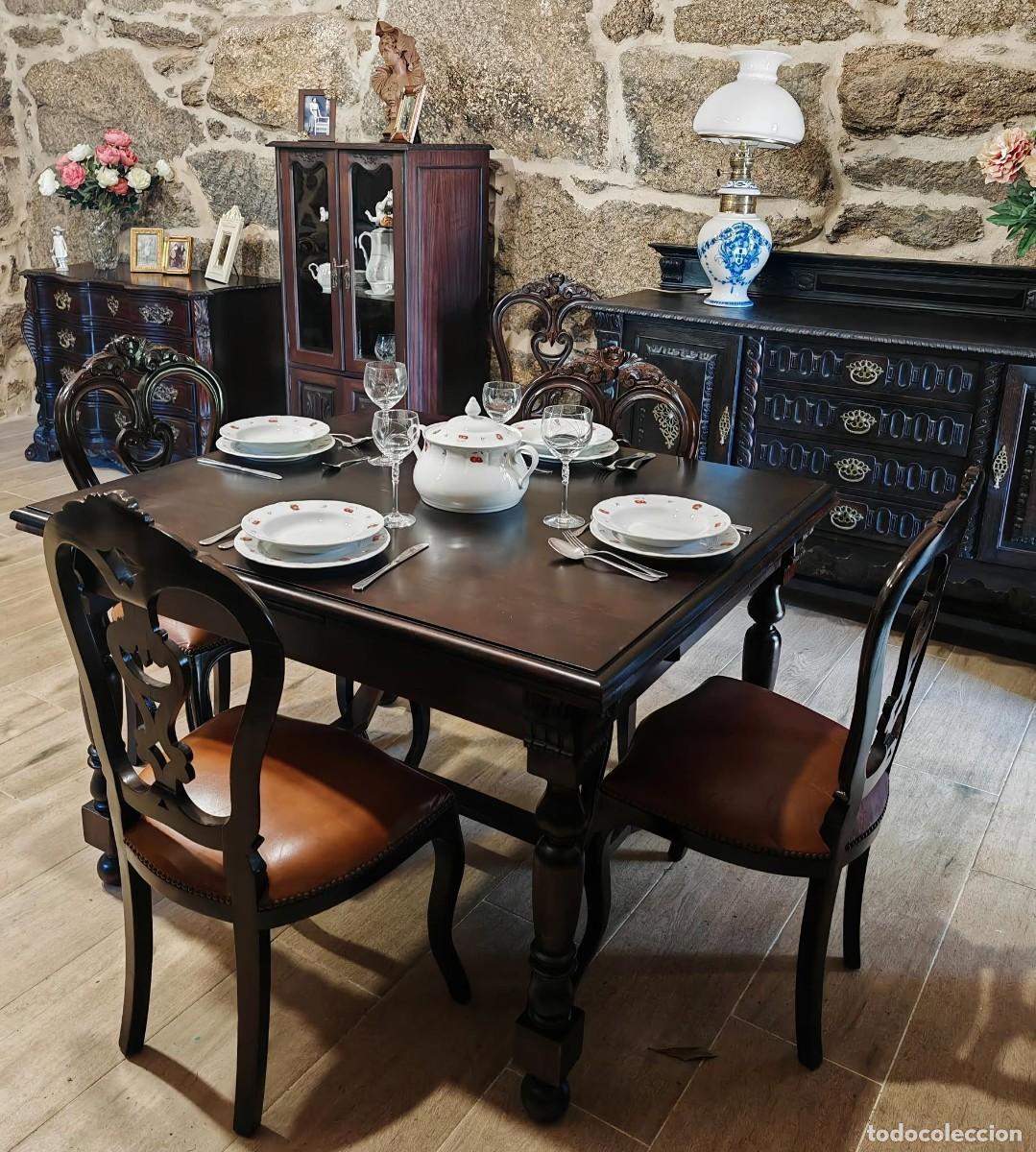 Antig&uuml;edades: Mesa y 6 sillas de madera tallada