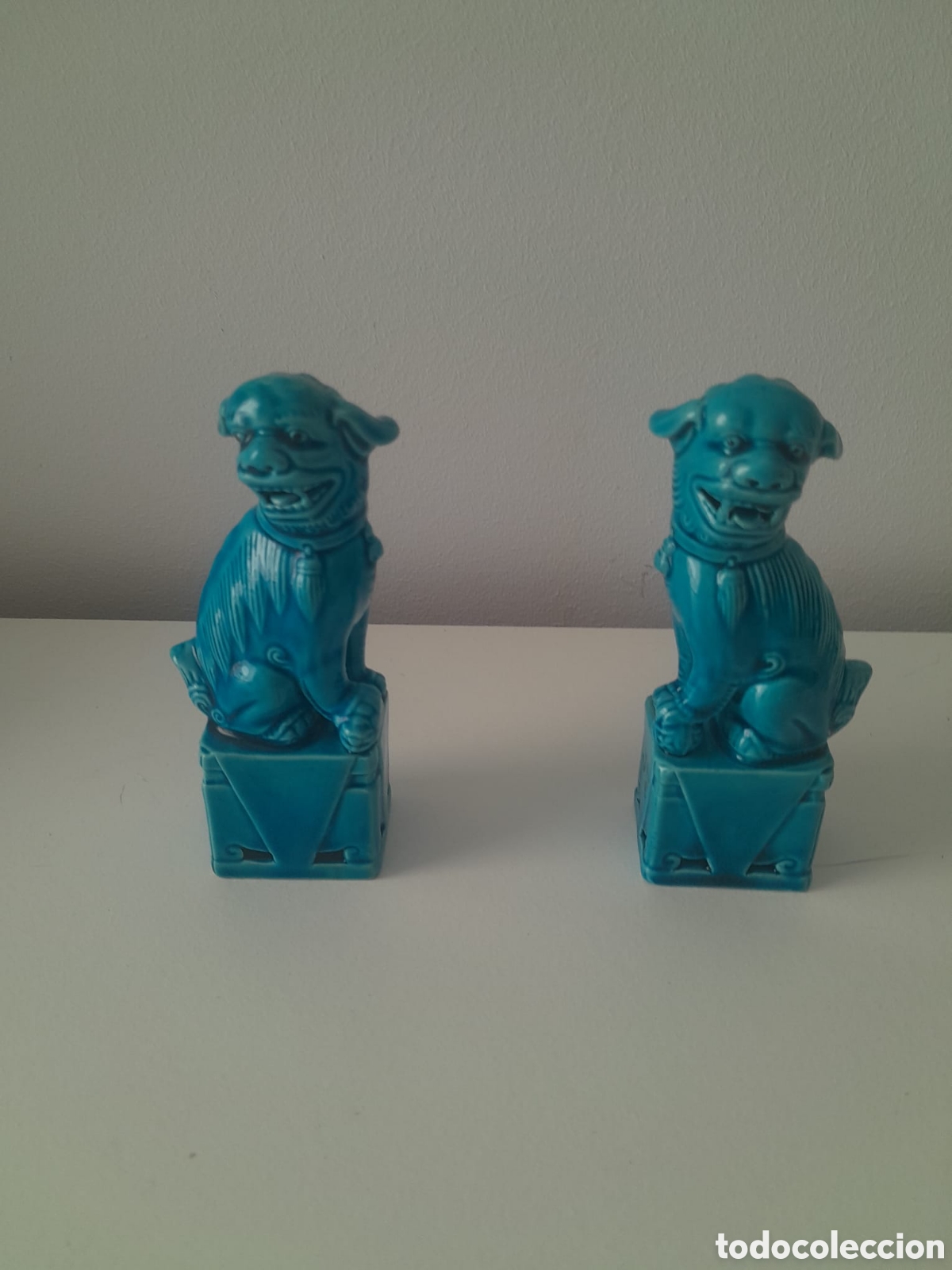 Antig&uuml;edades: Pareja Leones Fu Chinos Porcelana Turquesa 11cm Marca 025 Vintage Feng Shui