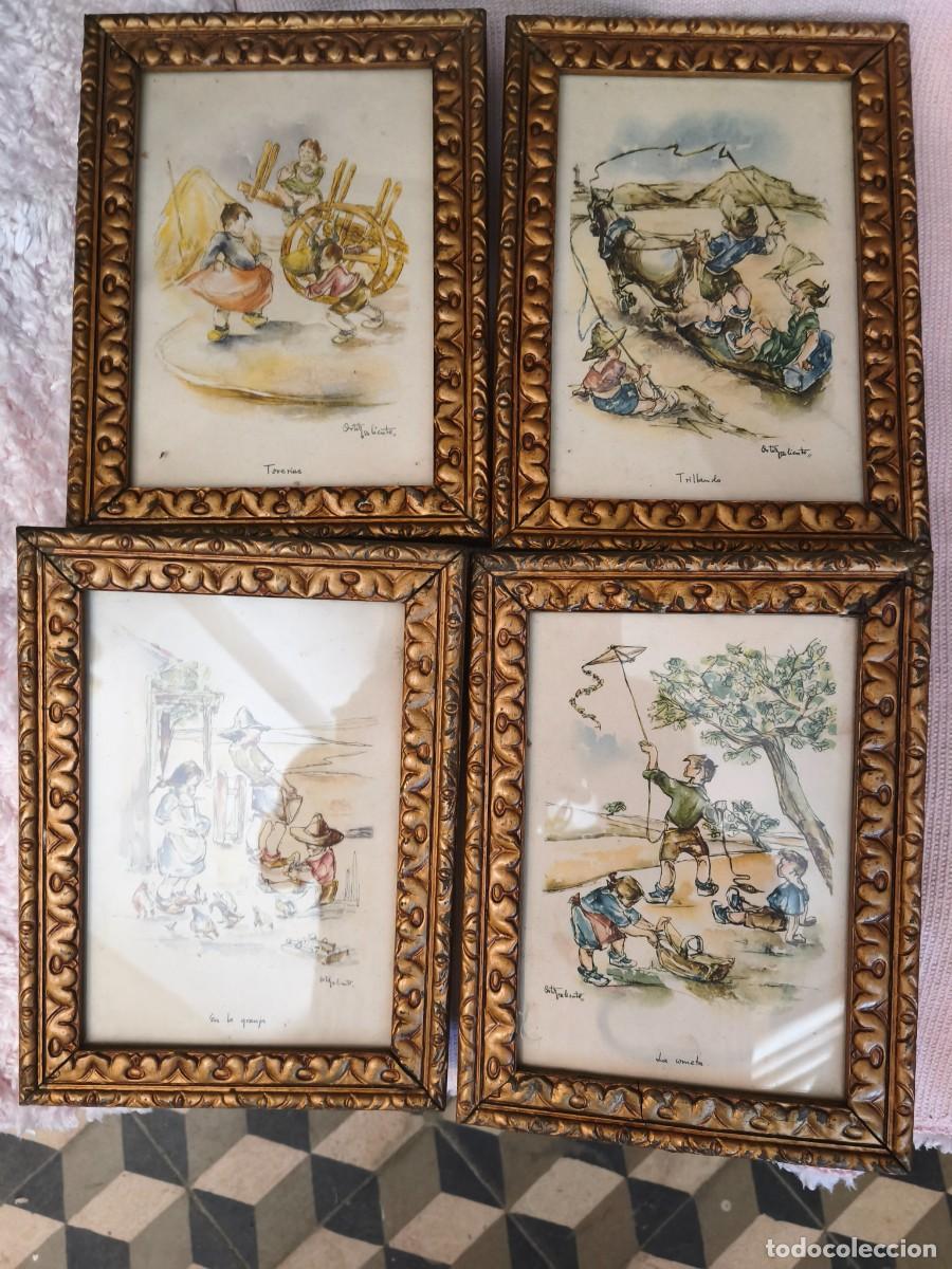 Antig&uuml;edades: Lote 4 Cuadros Enmarcados - L&aacute;minas Ortiz Valiente - Serie &rdquo;Los Ni&ntilde;os de Espa&ntilde;a y sus Juegos&rdquo;.