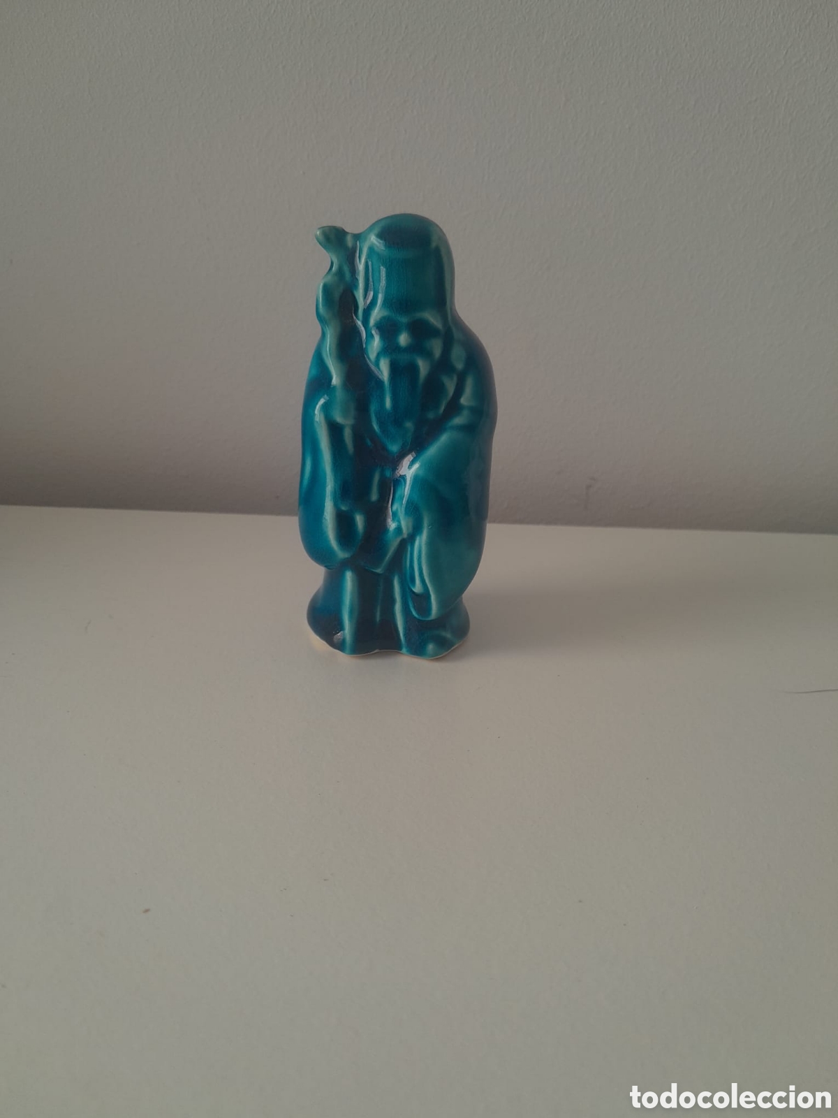 Antig&uuml;edades: Figura vintage Shou Xing dios longevidad cer&aacute;mica azul 11cm