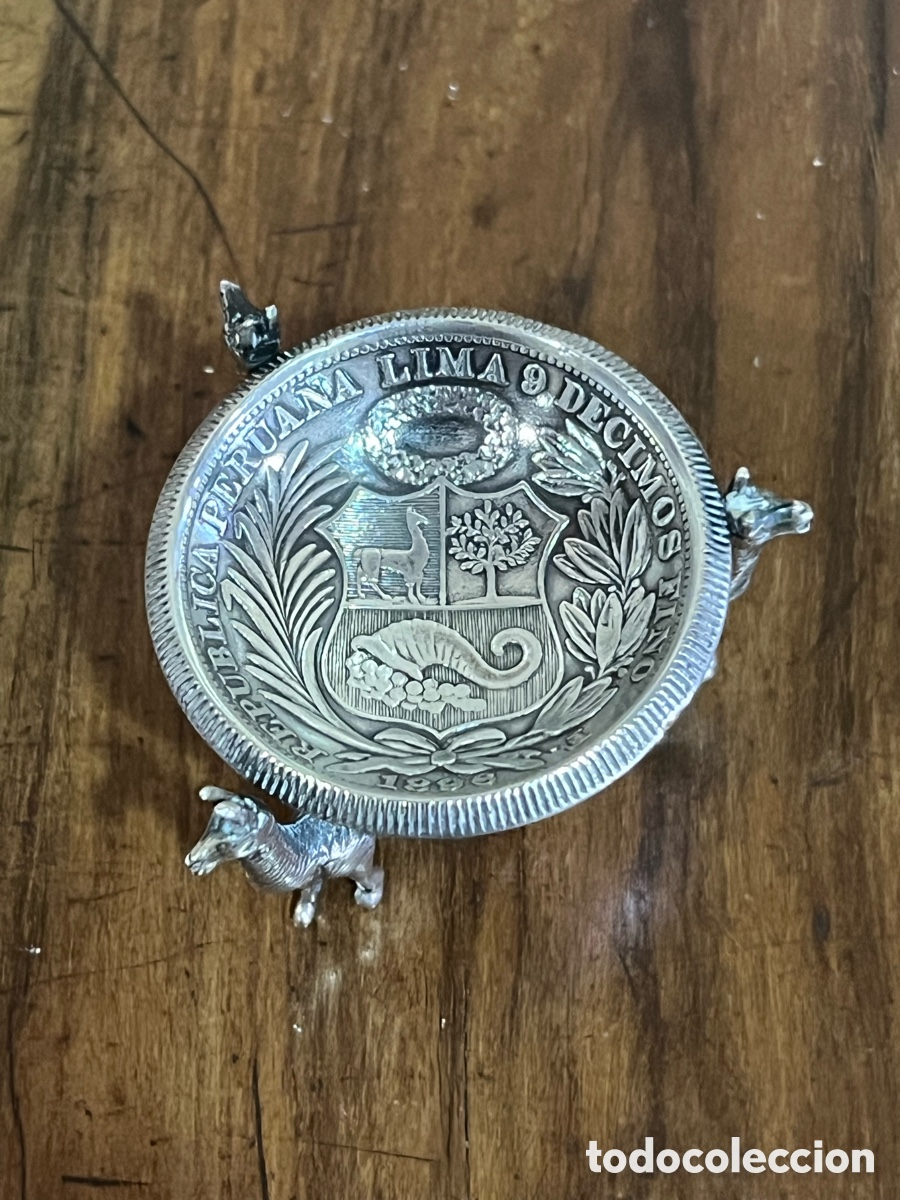 Antig&uuml;edades: CENICERO DE PLATA PERUANA - LLAMAS Y MONEDA - Foto 2