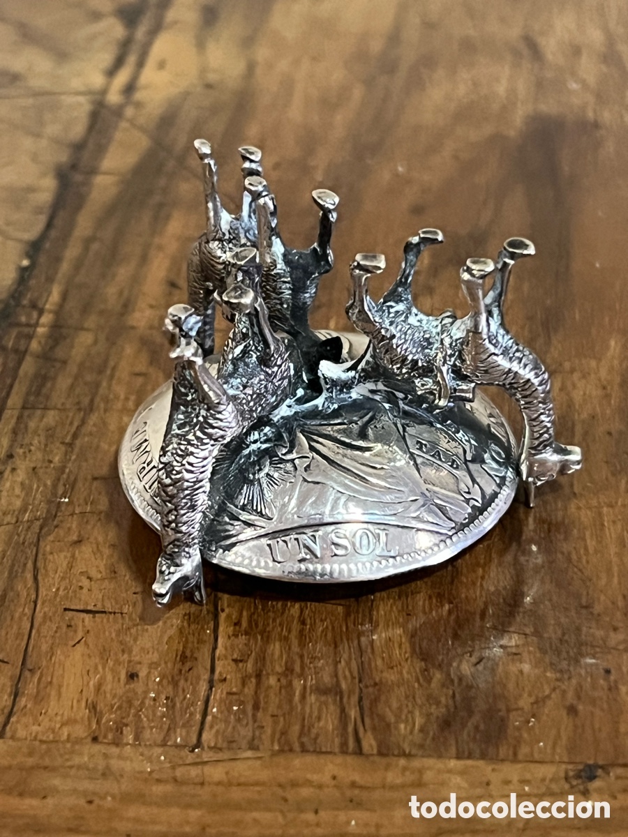 Antig&uuml;edades: CENICERO DE PLATA PERUANA - LLAMAS Y MONEDA - Foto 3