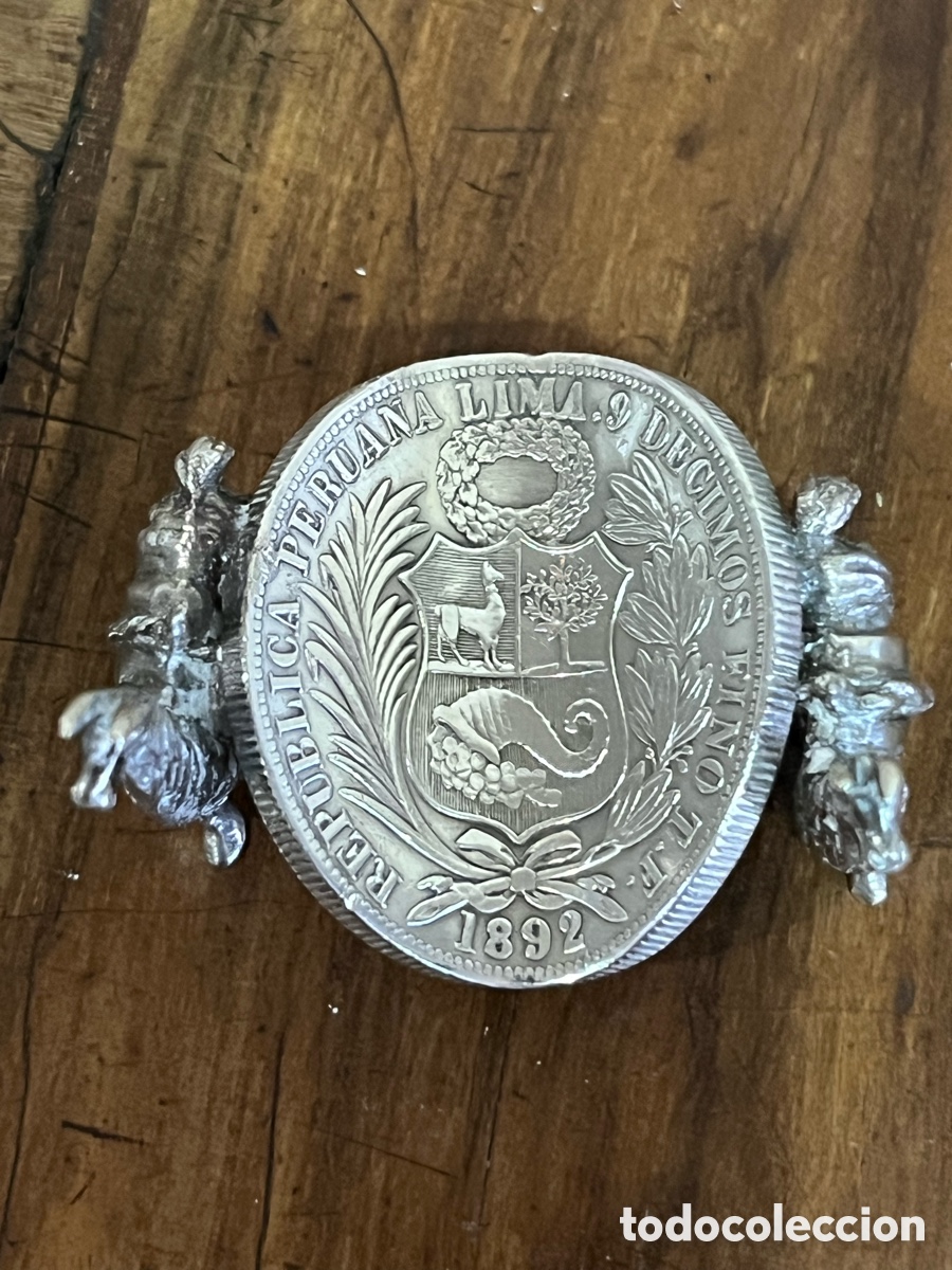 Antig&uuml;edades: CENICERO DE PLATA PERUANA - LLAMAS Y MONEDA - Foto 2