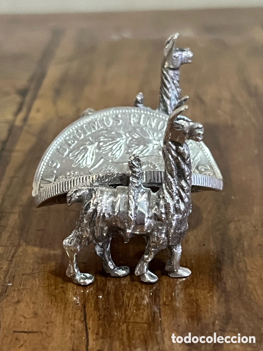 Antig&uuml;edades: CENICERO DE PLATA PERUANA - LLAMAS Y MONEDA - Foto 3