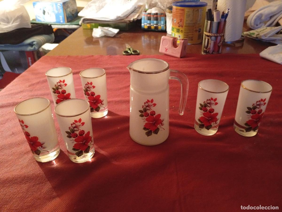 Antig&uuml;edades: juego vintage de jarra y 5 vasos de cristal esmerilado blanco con flores rojas y filo de oro