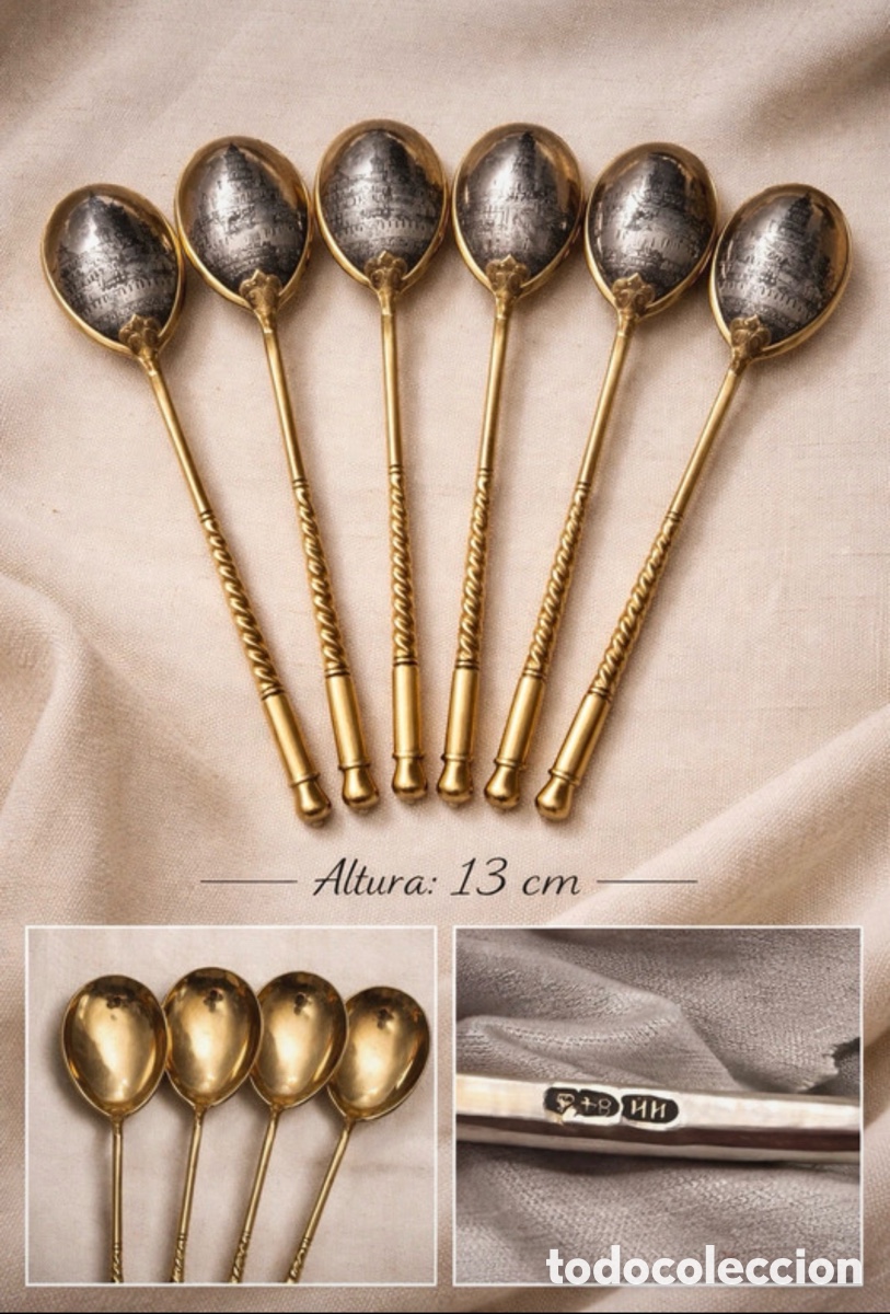 Antig&uuml;edades: Juego 6 Cucharas Plata Rusa Niello Oro