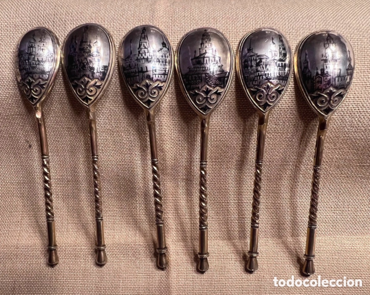 Antig&uuml;edades: 6 Cucharas Plata Rusa Niello Oro - Foto 2