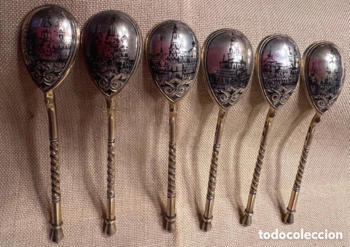 Antig&uuml;edades: 6 Cucharas Plata Rusa Niello Oro - Foto 3