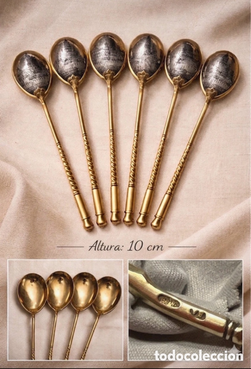 Antig&uuml;edades: 6 Cucharas Plata Rusa Niello Oro