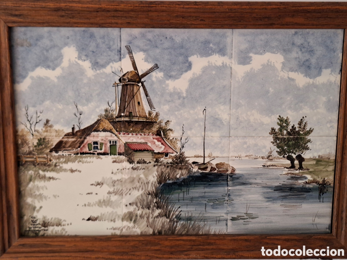 Antiquit&auml;ten: Cuadro azulejos enmarcado. Imagen paisajistica molino. Delft, Holandes