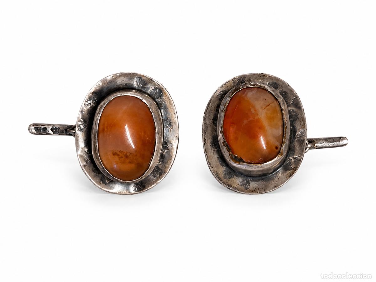 Antiques: Gemelos, Mancuernillas - Plata de Ley, con Contrastes -con Cabujones de Carneola - A&ntilde;os 60-70