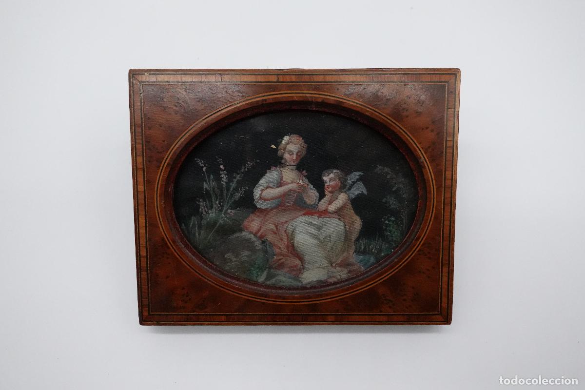 Antiquit&auml;ten: PRECIOSO CUADRO MINIATURA ANTIGUA ESCENA DE DAMA CON &Aacute;NGEL CUPIDO EN MARCO OVALADO DE MADERA