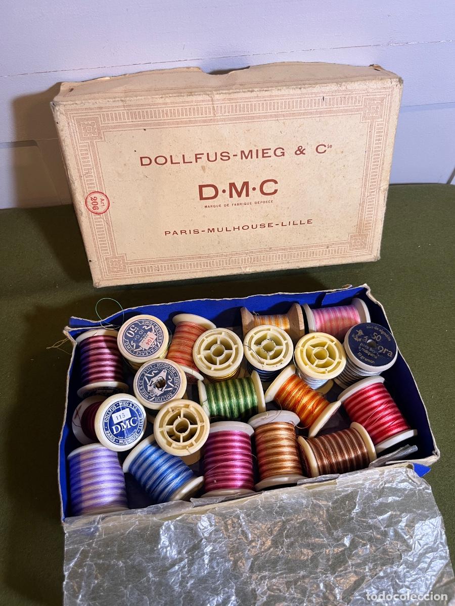 Antiquit&auml;ten: Caja antigua hilos de bordar DMC Dollfus Mieg & Cie Par&iacute;s Mulhouse Lille surtido de sedas e hilos vi