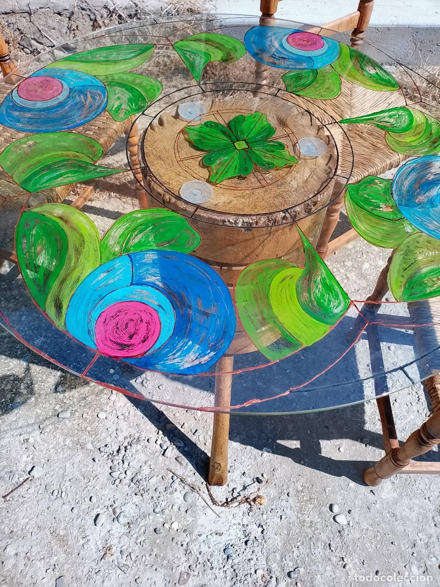 Antig&uuml;edades: Pieza &Uacute;nica. Mesa pil&oacute;n carnicero s. XIX cristal pintado a mano