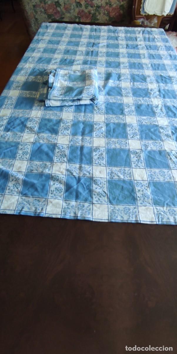 Antig&uuml;edades: ANTIGUO JUEGO DE MANTEL Y 6 SERVILLETAS &ndash; CUADROS AZULES Y FLORES ESTILO RUSTICO 138 X 138