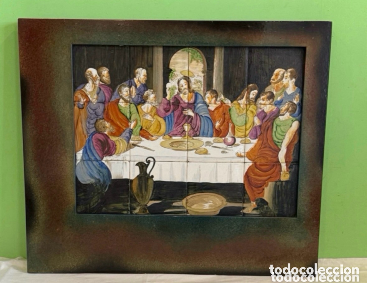 Antiguidades: Antiguo panel 12 azulejos pintados - La &Uacute;ltima Cena - cuadro de la primera mitad del siglo xx.