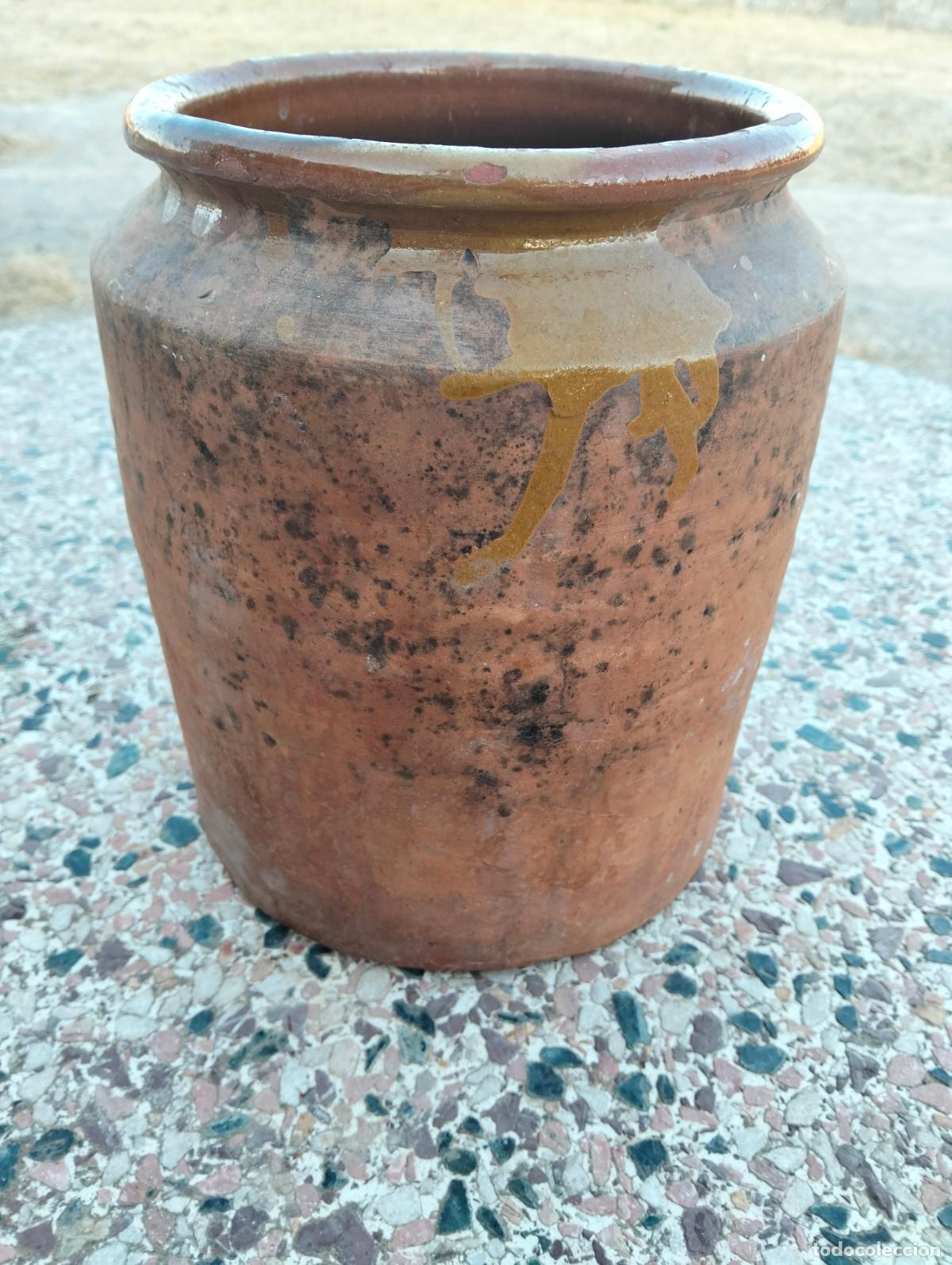 Antiquit&auml;ten: Bote tarro orza tup&iacute; antiguo de cer&aacute;mica popular tradicional catalana marr&oacute;n finales S.XIX