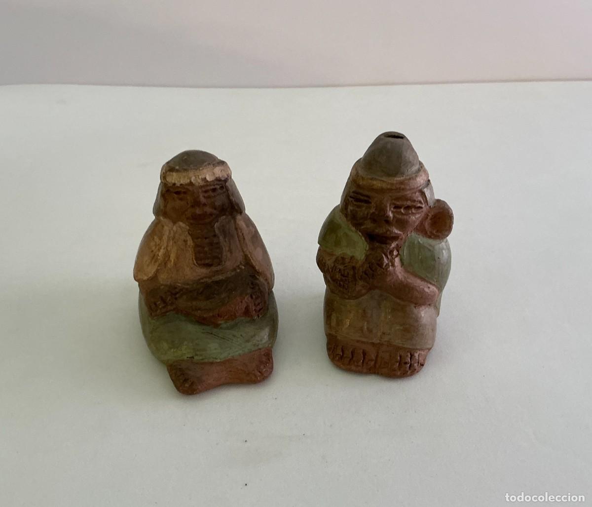 Antig&uuml;edades: Pareja Silbatos Ocarinas Miniatura Terracota. Taller Origen, Chile. Artesan&iacute;a Andina Vintage