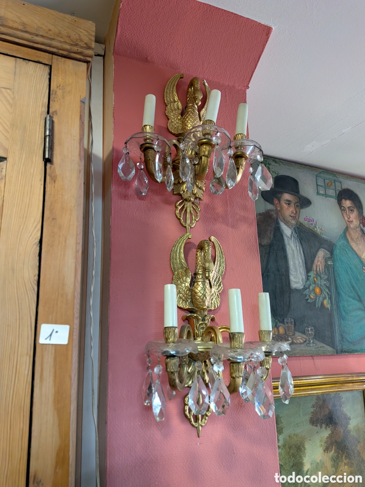 Antiques: Pareja de antiguos apliques en bronce y cristal. REF-4770