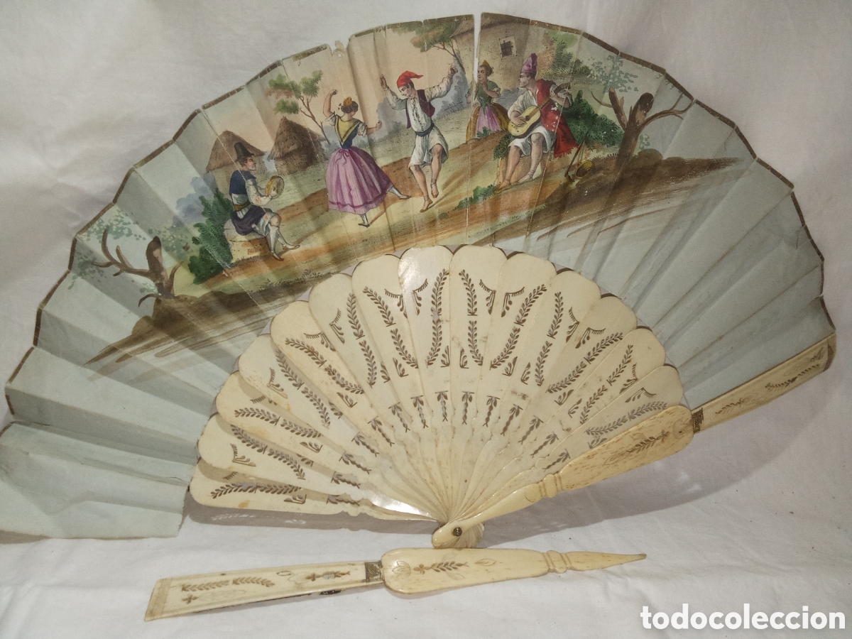 Antiquit&eacute;s: PRECIOSO ABANICO EN HUESO TALLADO CON PA&Iacute;S PINTADO A MANO