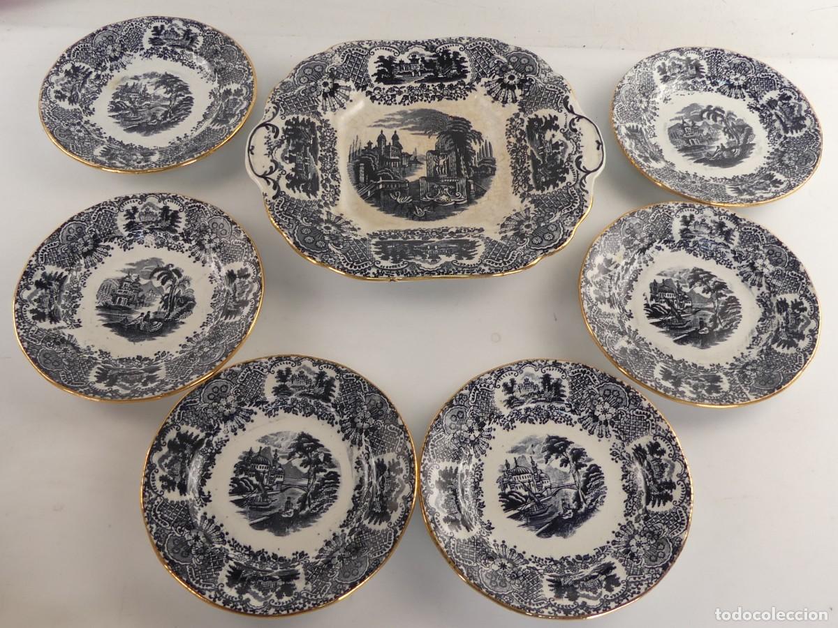 Antig&uuml;edades: JUEGO DE 6 PLATOS Y UNA BANDEJA DE PORCELANA LA CARTUJA PICKMAN SEVILLA